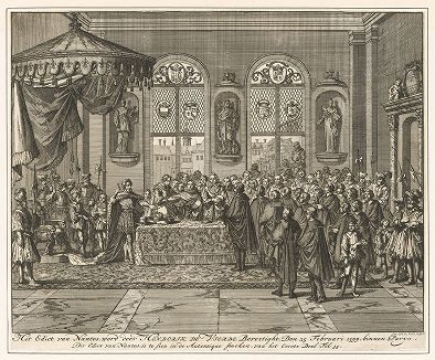 Утверждение Нантского эдикта парламентом 25 февраля 1599 года в Париже. Гравюра известного голландского иллюстратора, поэта и гравёра Яна Люйкена, Амстердам, 1696 год.