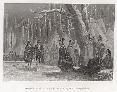 Джордж Вашингтон и его соратник Гист во время американо-франко-индейской войны (декабрь 1753) посещают индейскую королеву Аликвиппу. Gallery of Historical and Contemporary Portraits… Нью-Йорк, 1876