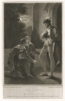 Иллюстрация к пьесе Шекспира "Генрих VI, часть вторая", акт II, сцена II: Уорик и Солсбери признают Йорка королем. Boydell's Graphic Illustrations of the Dramatic works of Shakspeare, Лондон, 1803.
