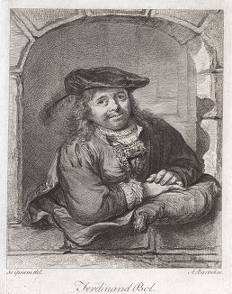 Иронический автопортрет известного голландского художника и ассистента Рембрандта Фердинанда Бола (1616--1680), выполненный в технике офорта не менее знаменитым историком гравюры Адамом Барчем. 