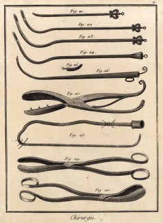 Хирургия. Пинцеты, операционные инструменты (Ивердонская энциклопедия. Том III. Швейцария, 1776 год)