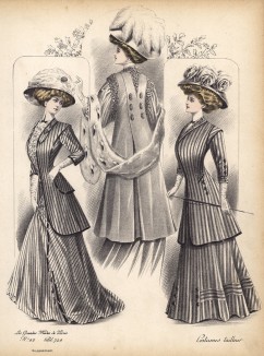 Английские дамские костюмы цвета стали, с горностаевым манто, боа или шляпой, декорированной розами, в качестве аксессуаров (Les grandes modes de Paris за 1907 год).