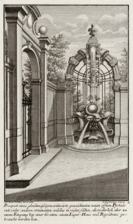Открытый портал в летнем парке, ведущий к гротам и пруду. Johann Jacob Schueblers Beylag zur Ersten Ausgab seines vorhabenden Wercks. Нюрнберг, 1730