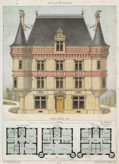 Эскиз загородного дома в средневековом стиле (из популярного у парижских архитекторов 1880-х Nouvelles maisons de campagne...)