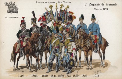 1796-1914 гг. Мундиры и знамена 8-го гусарского полка французской армии, сформированного в 1793 г. и сражавшегося при Аустерлице, Йене и Ваграме. Коллекция Роберта фон Арнольди. Германия, 1911-29