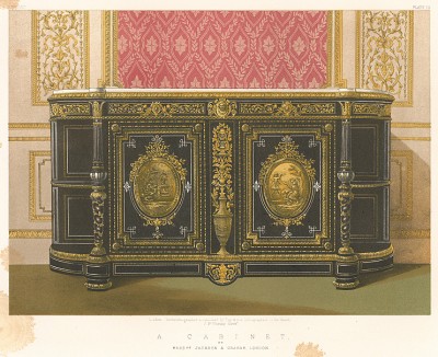 Комод от фирмы Jackson & Graham, инкрустированный перламутром, с латунными медальонами и накладками. Каталог Всемирной выставки в Лондоне 1862 года, т.2, л.111.
