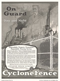 На страже днем и ночью. Реклама компании Сyclone Fence Co., производящей сетку рабица. 