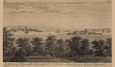 Вид на крепость Плимута и остров Сен-Николас с горы Эджкамб (из A New Display Of The Beauties Of England... Лондон. 1776 г. Том 2. Лист 363)