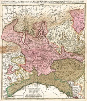 Карта северной Италии. Sedes belli in Italia, comprehendens ducatus Mediolanensem, Parmensem, ac Genuensem… Составил Петер Схенк. Амстердам, 1720