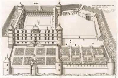 Общий вид на замок Бюри. Androuet du Cerceau. Les plus excellents bâtiments de France. Париж, 1579. Репринт 1870 г.