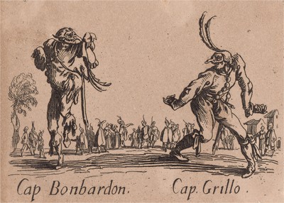Капитан Бонбардон и капитан Грилло (Cap. Bonbardon - Cap. Grillo). Из цикла офортов конца 19 века, выполненного по серии гравюр Жака Калло "Balli Di Sfessania" (Танцы беззадых (бескостных)), в которой он изобразил персонажей итальянской "Комедии дель Арте