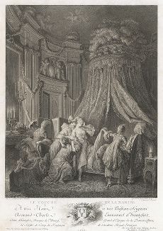 Брачное ложе. Гравюра Жан-Мишеля Моро младшего и Жан-Батиста Симоне по оригиналу Пьера-Антуана Бодуэна, 1770 год.