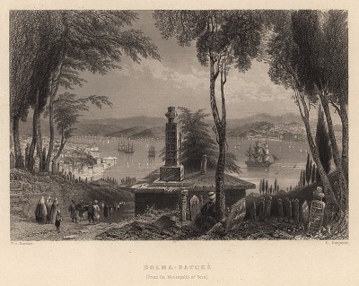 Константинополь (Стамбул). Вид на Dolma-Batche от некрополей Перы. The Beauties of the Bosphorus, by miss Pardoe. Лондон, 1839
