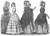 Бальные платья и платья для совершения променада, пошитые из тарлатана, шёлка, меняющего цвета и крапа -- парижская мода, июль 1844 года (The Illustrated London News №113 от 29/06/1844 г.)