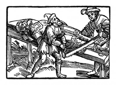 Христофору отпиливают ступни. Из "Жития Святого Христофора" (S. Christops Geburt und Leben) неизвестного немецкого мастера. Издал Johann Weyssenburger, Ландсхут, 1520. 