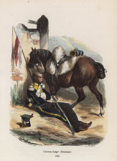 Отдых польского улана в 1812 году (из популярной работы Histoire de l'empereur Napoléon (фр.), изданной в Париже в 1840 году с иллюстрациями Ораса Верне и Ипполита Белланжа)