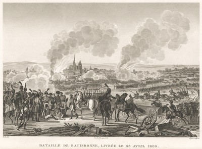 Ранение Наполеона I в сражении при Ратисбонне 23 апреля 1809 г. Гравюра из альбома "Военные кампании Франции времён Консульства и Империи". Campagnes des francais sous le Consulat et L'Empire. Париж, 1834