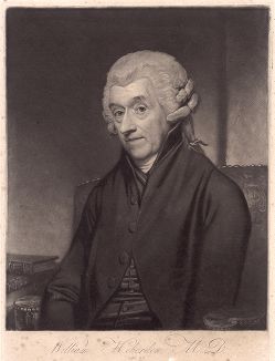 Уильям Геберден (1710 -- 1801) в возрасте 86 лет. Блестящий английский врач, отец клинических наблюдений XVIII века и основатель ревматологии. Описал узелки на пальцах при остеоартрозе. В настоящее время общество британских ревматологов носит его имя. 