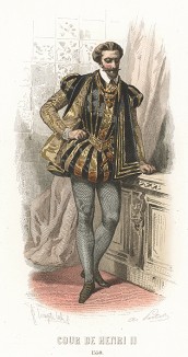 Эпоха Генриха II. Костюм дворянина: шёлковый камзол, украшенный золотым шитьём, шёлковые чулки.
