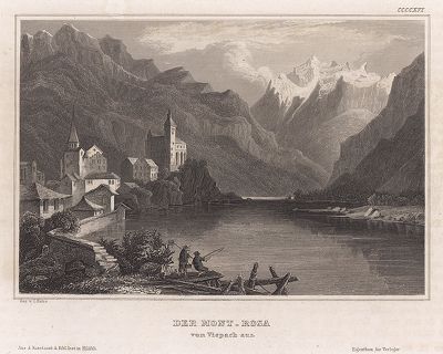 Вид на горный массив Монте-Роза и пик Дюфур -- высочайшую вершину Швейцарии.  Meyer's Universum, Oder, Abbildung Und Beschreibung Des Sehenswerthesten Und Merkwurdigsten Der Natur Und Kunst Auf Der Ganzen Erde, Хильдбургхаузен, 1840 год.