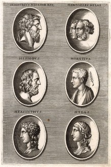 Портреты видных личностей античной эпохи на камеях и монетах: Деметрий II Никатор; Геркулес и Гилас;   Гесиод; Гораций; Гиакинф; Гилас.