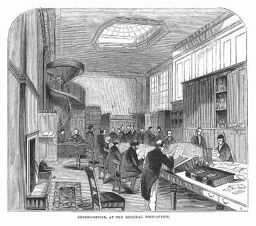 Отделение для работы с секретной корреспонденцией в здании главного почтового управления Великобритании во второй четверти XIX века (The Illustrated London News №113 от 29/06/1844 г.)