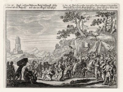 Авигея приветствует Давида (из Biblisches Engel- und Kunstwerk -- шедевра германского барокко. Гравировал неподражаемый Иоганн Ульрих Краусс в Аугсбурге в 1700 году)