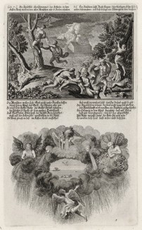 1. Всемирный потоп 2. Окончание Всемирного потопа (из Biblisches Engel- und Kunstwerk -- шедевра германского барокко. Гравировал неподражаемый Иоганн Ульрих Краусс в Аугсбурге в 1700 году)