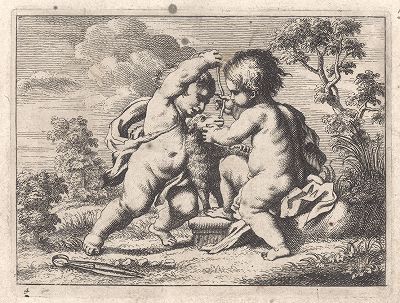 Малыши играют с овечкой. Гравюра с оригинала известного фламандского художника и гравёра Корнелиса Схюта, ок. 1650 года