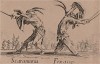 Скарамучча и Фрикассо (Scaramucia - Fricasso). Из цикла офортов конца 19 века, выполненного по серии гравюр Жака Калло "Balli Di Sfessania" (Танцы беззадых (бескостных)), в которой он изобразил персонажей итальянской "Комедии дель Арте"