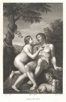 Адам и Ева. Гравюра с живописного оригинала Карло Чиньяни. 