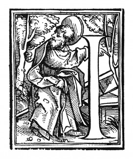 Инициал (буквица) I. Исполнил Ганс Бургкмайр для Martin Luther / Neues Testament. Издал Сильван Отмар, Аугсбург, 1523.