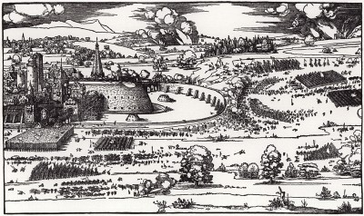 Осада города (левая часть). Гравюра Дюрера из "Наставлений по искусству укрепления крепостей, замков и городов"