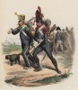 1809 год. Лёгкая пехота на марше (слева -- вольтижёр, справа -- карабинер) (из популярной работы Histoire de l'empereur Napoléon (фр.), изданной в Париже в 1840 году с иллюстрациями Ораса Верне и Ипполита Белланжа)