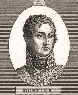 Эдуард-Адольф-Казимир Мортье (1768-1835), сын торговца тканями, национальный гвардеец (1789), бригадный и дивизионный генерал (1799), маршал Франции (1804), воевал в Испании (1808-11). В 1812 г. сражался при Бородино.