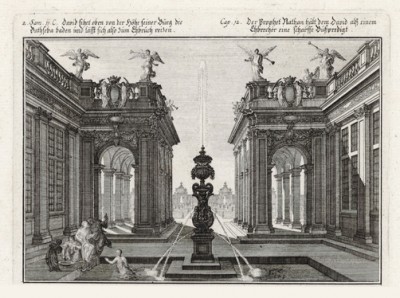 Давид видит купающуюся Вирсавию (из Biblisches Engel- und Kunstwerk -- шедевра германского барокко. Гравировал неподражаемый Иоганн Ульрих Краусс в Аугсбурге в 1700 году)