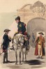 Прусский унтер-офицер гарнизонной службы (слева), военный почтальон (верхом) и курящий трубку военный музыкант (в роскошном халате) (иллюстрация Адольфа Менцеля к работе Эдуарда Ланге "Солдаты Фридриха Великого", изданной в Лейпциге в 1853 году)
