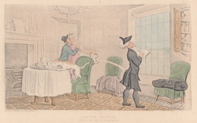 Пока доктор Синтакс смотрел в окно... Иллюстрация Томаса Роуландсона к поэме Вильяма Комби "Путешествие доктора Синтакса в поисках живописного", л.5. Лондон, 1881 