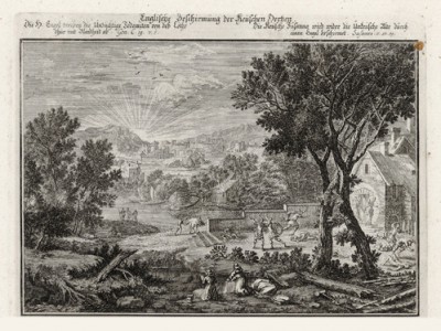 Лот видит уничтожение Содома (из Biblisches Engel- und Kunstwerk -- шедевра германского барокко. Гравировал неподражаемый Иоганн Ульрих Краусс в Аугсбурге в 1694 году)