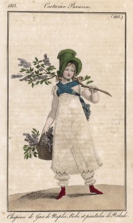 Детская шляпка из зелёного гроденапля, платье и панталончики из белого перкаля. Из первого французского журнала мод эпохи ампир Journal des dames et des modes, Париж, 1813. Модель № 1313
