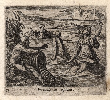 Ахелой превращает Перимелу в остров. Гравировал Антонио Темпеста для своей знаменитой серии "Метаморфозы" Овидия, л.78. Амстердам, 1606