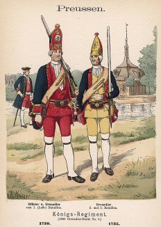 Прусские гренадеры в униформе образца 1730 г. Uniformenkunde Рихарда Кнотеля, л.12. Ратенау (Германия), 1890