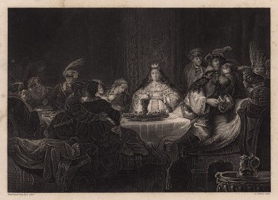 Пир Агасфера. Гравюра с картины Рембрандта. Картинные галереи Европы, т.3. Санкт-Петербург, 1864