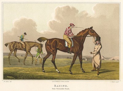 Скаковые лошади и жокеи на пустоши в Ньюмаркете - мировом центре скачек. The National Sports of Great Britain by Henry Alken. Лондон, 1903