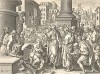 Исцеление хромого апостолом Павлом. Лист из серии "Theatrum Biblicum" (Библия Пискатора или Лицевая Библия), выпущенной голландским издателем и гравёром Николасом Иоаннисом Фишером (предположительно с оригинальных досок 16 века), Амстердам, 1643