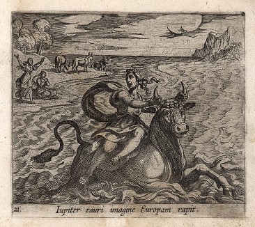 Юпитер в образе быка похищает Европу. Гравировал Антонио Темпеста для своей знаменитой серии "Метаморфозы" Овидия, л.21. Амстердам, 1606