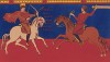 Двое из четырёх всадников Апокалипсиса. Всадник на белом коне -- Антихрист, всадник на рыжем коне -- Война (из Les arts somptuaires... Париж. 1858 год)