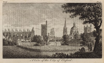 Вид на Оксфорд (Oxford) — всемирно известный университетский город в Англии (из A New Display Of The Beauties Of England... Лондон. 1776 год. Том 1)