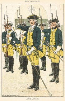 Караул шведской гвардейской пехоты в униформе образца 1765-78 гг. Svenska arméns munderingar 1680-1905. Стокгольм, 1911