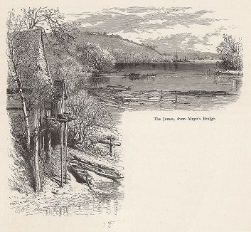 Река Джеймс-ривер, вид с моста Мейо в Ричмонде, штат Вирджиния. Лист из издания "Picturesque America", т.I, Нью-Йорк, 1872.